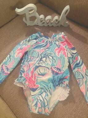 Tommy Bahama Girls One-Piece Rash Guard Swimsuit in Teal, Aqua & Pink